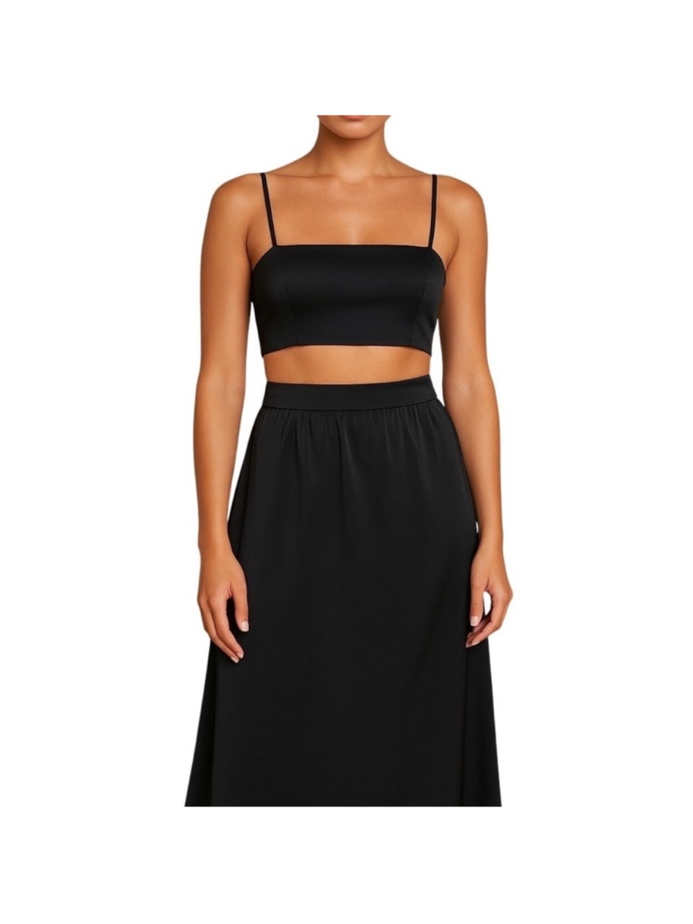 House of Harlow 1960 Black Satin Maxi Skirt Set with Bra Top